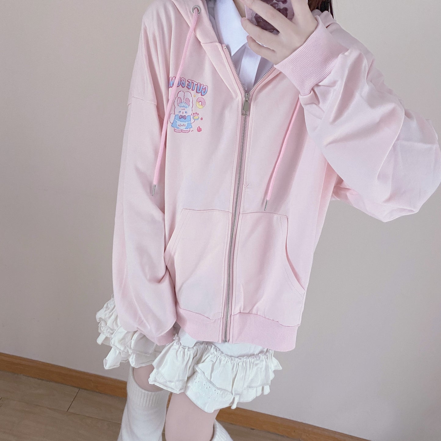 Pink Donut Maid Rabbit Cartoon Hoodie Long Sleeve Top