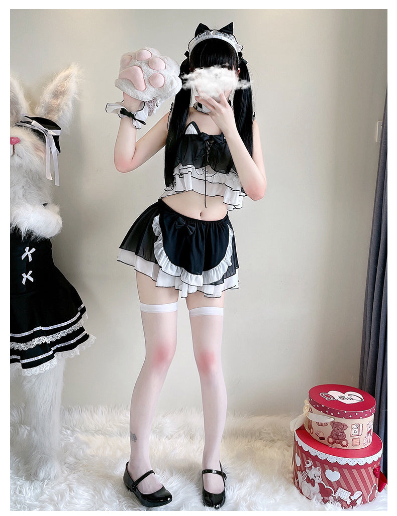 Sexy Maid Cat Girl Cosplay Pink & Black Top Skirt Two Piece Set