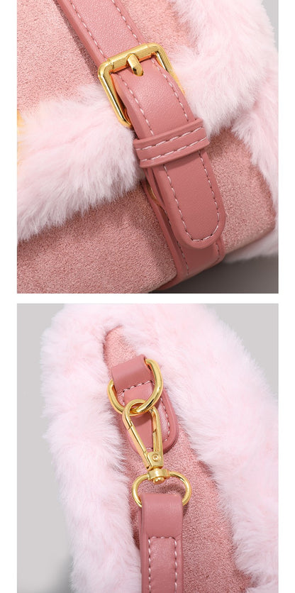 European Style Fluffy Fur Plush Black Brown Pink Leather Velvet Hangbag Shoulder Bag