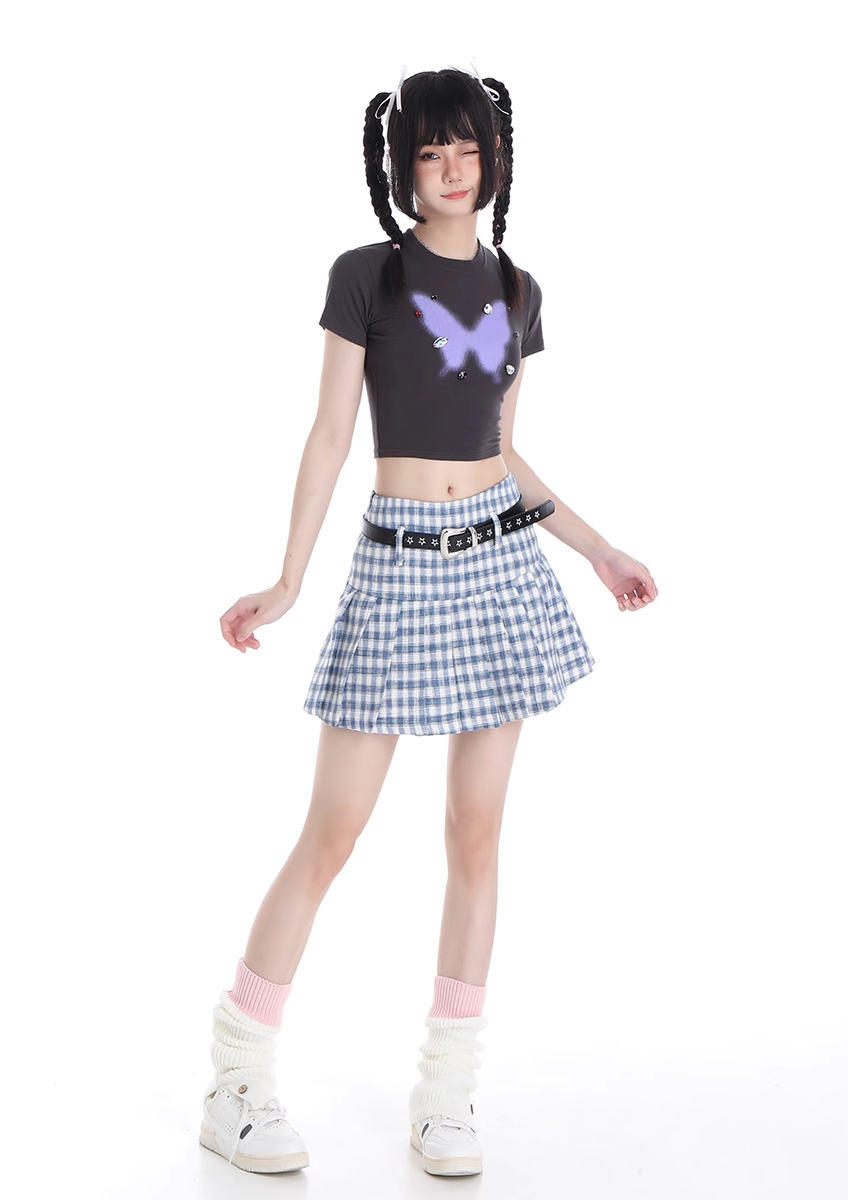 Y2K Plaid Pink Blue High Waist Pleated Mini Skirt Stars Belt