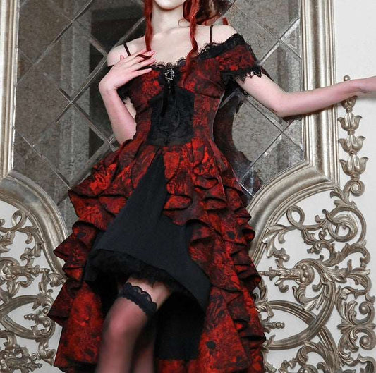 Dark Gothic Dream Red Princess Queen Lace Brooch Black Jacquard Off Shoulder Layered Dress