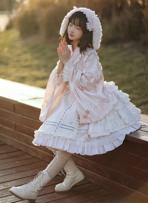 Japanese Alice Pink Sakura Cherry Blossom Kimono Maid Lace Cosplay Dress