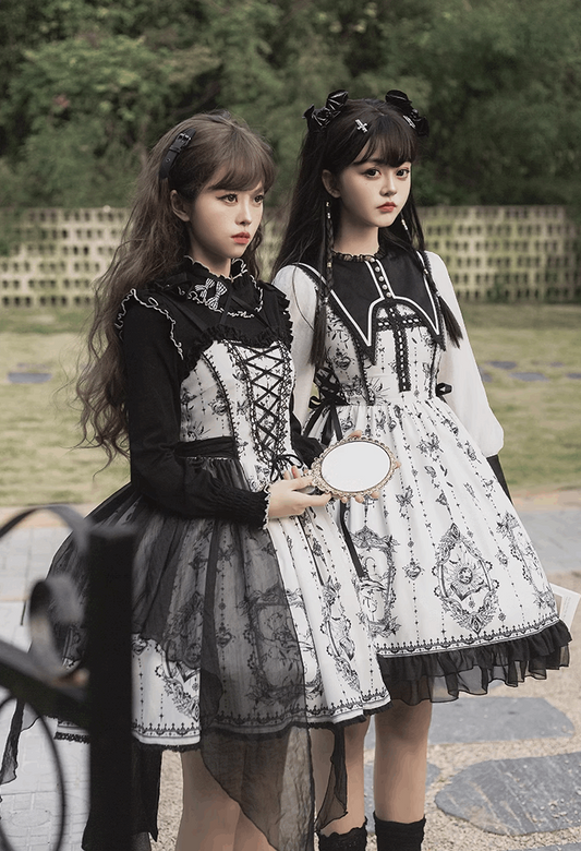 Butterfly Twins Gray Black White Gothic Princess Lace Bow Dollcore Girl Dress