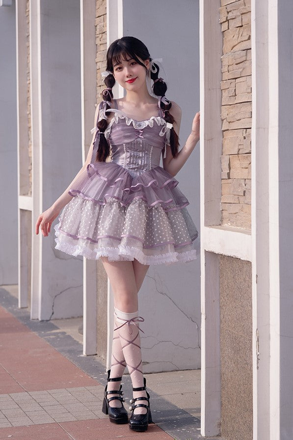 Trace the Stars Purple Lilac Lace Embroidery Sweet Girl Women Ballet Dress