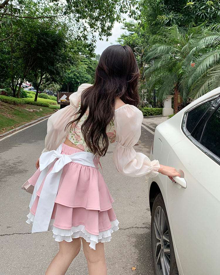 Sweet Vintage French Style Elegant Pink Flower Floral Long Sleeve Blouses Tops & Pink Skirts Two piece