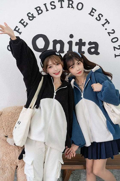 Japanese Girl Cute Cartoon Cozy Black & Blue Shark Tail Zipper Cashmere Wool Hoodie Jacket