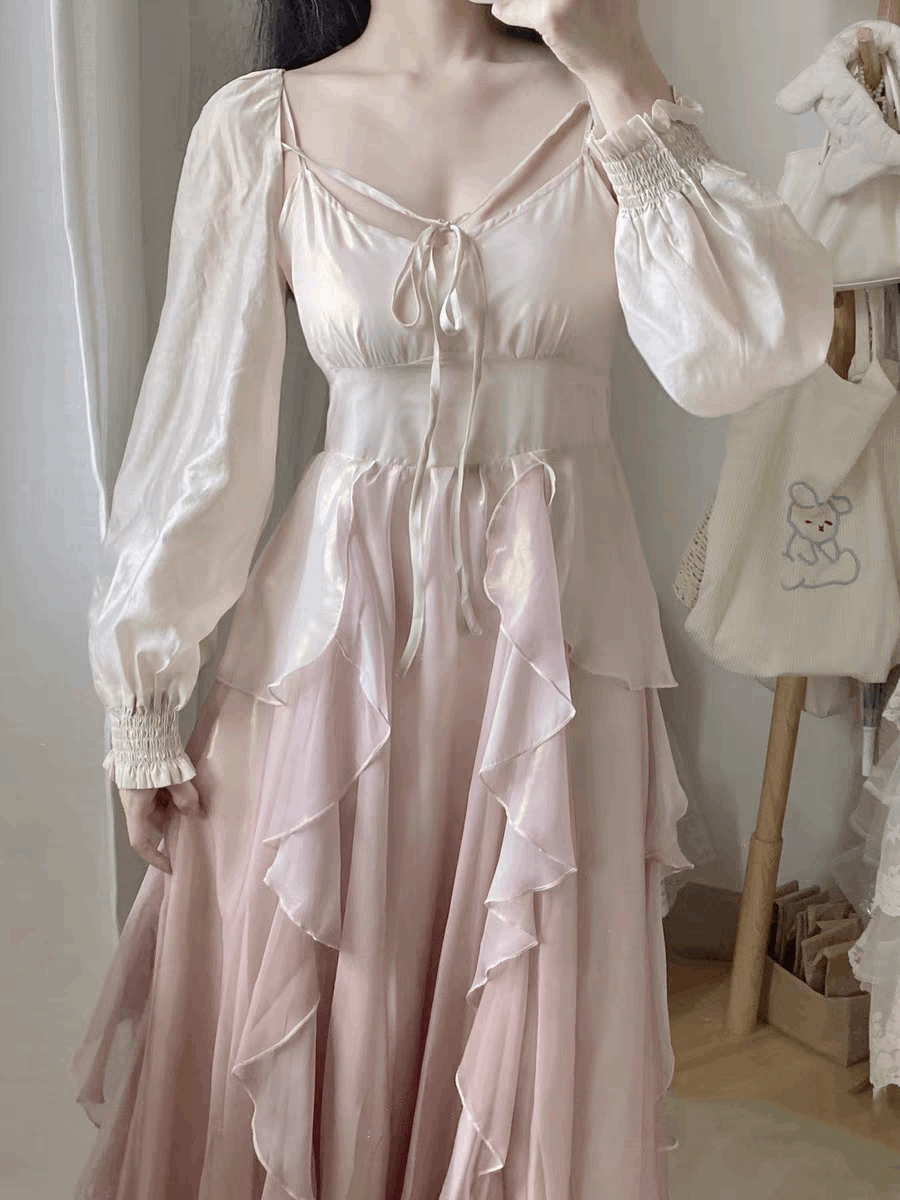 Fairy Flower Petal Classic Pink & Cream Strap Dress Cardigan Two Piece Set Set