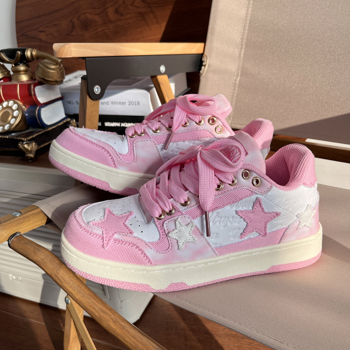 Women Sweet Cute White Pink  Star Sneakers Sports Running Shoes