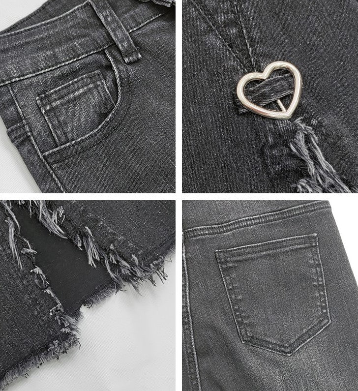 Sexy Sweet Goth Girl Witch Dark Gray Black Heart High Waist Jeans Pants