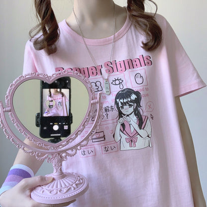 Danger Signals Pink Anime Print Cotton Short Sleeved Oversize T-shirt