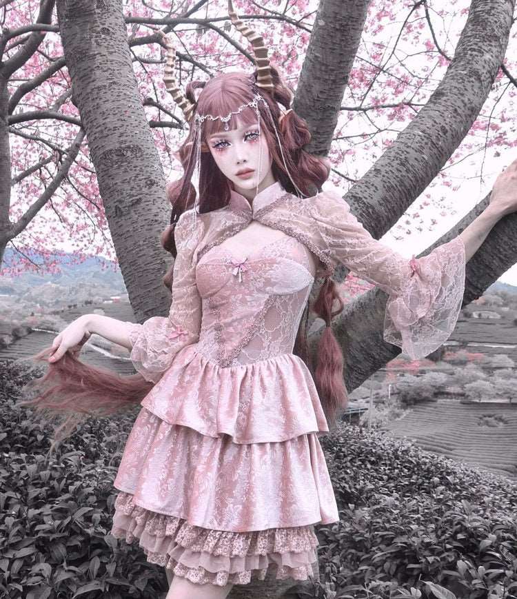 Guardian of Sakura Tress Gothic Lace Velvet Pink Cake Short Dress