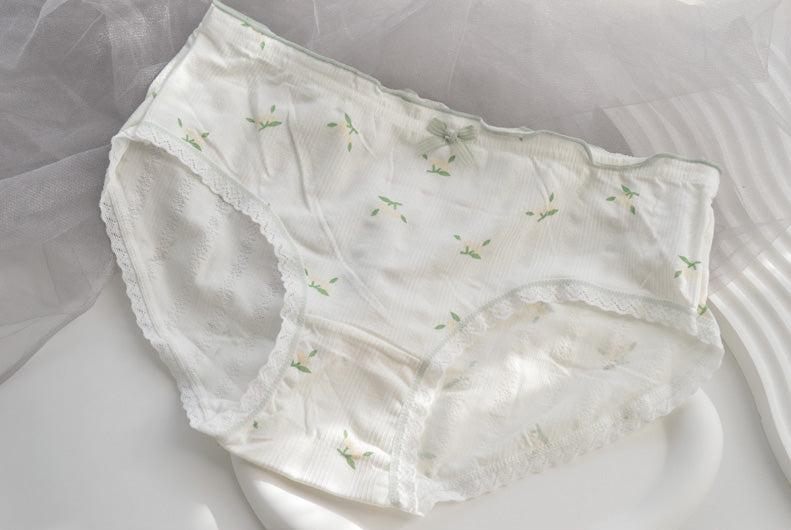 Tulip Flowers White Pink Green Lining Sweet Cotton 5 Panties Underwear Set