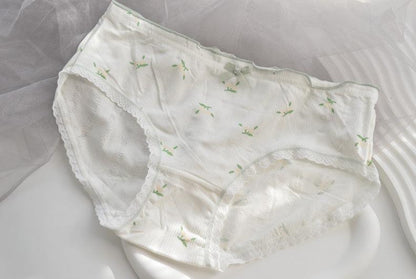 Tulip Flowers White Pink Green Lining Sweet Cotton 5 Panties Underwear Set