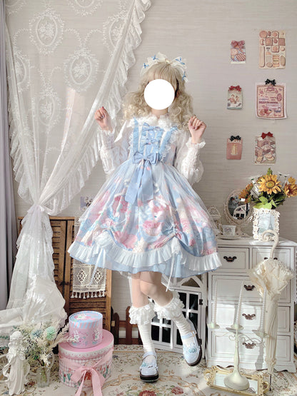 Sugar Girl Rose Rabbit Bunny Pink & Blue Pattern Print Lace Bow Strap Dress