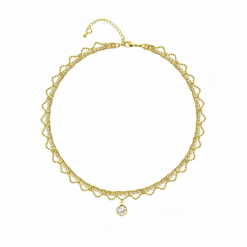 French Retro Style Pretty Lace Teardrop Crystal Chain Necklace