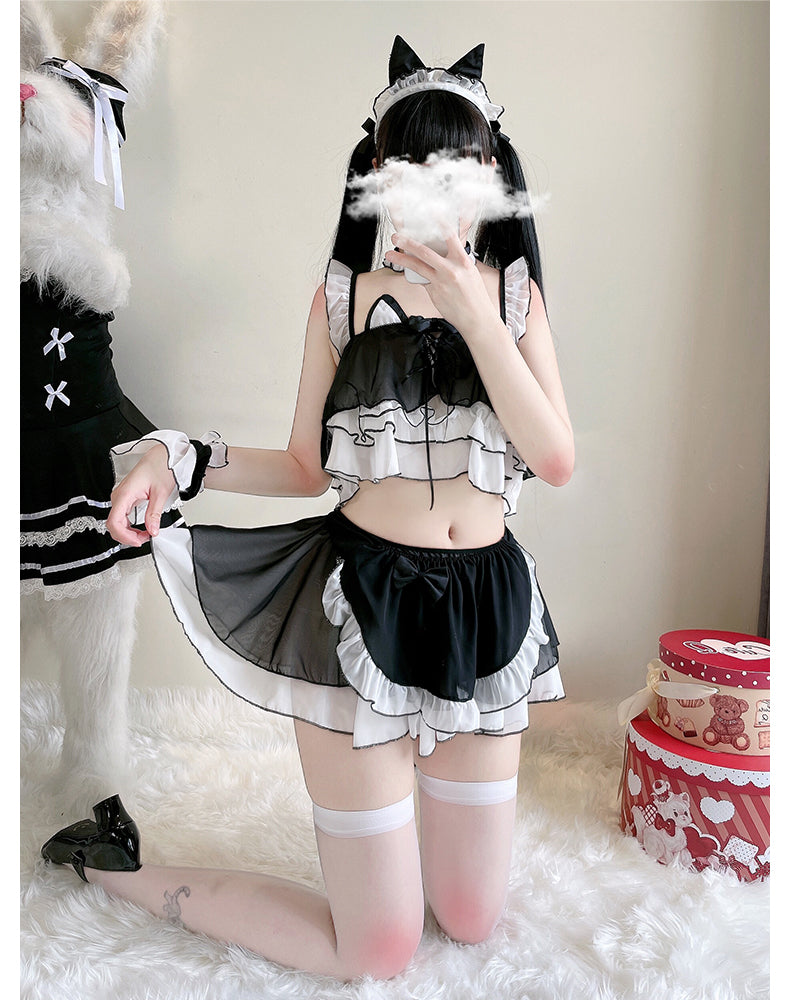 Sexy Maid Cat Girl Cosplay Pink & Black Top Skirt Two Piece Set