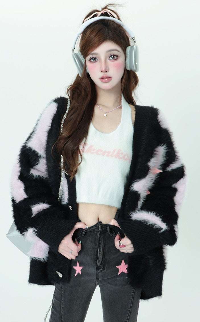 Black Pink Cow Autumn V Neck Knit Sweater Cardigan