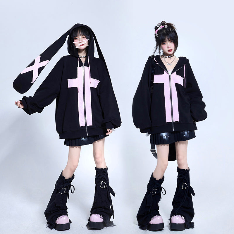 Rabbit Ears Pink Cross Cool Trendy Goth Sweatshirt Jacket Oversize Black Hoodie