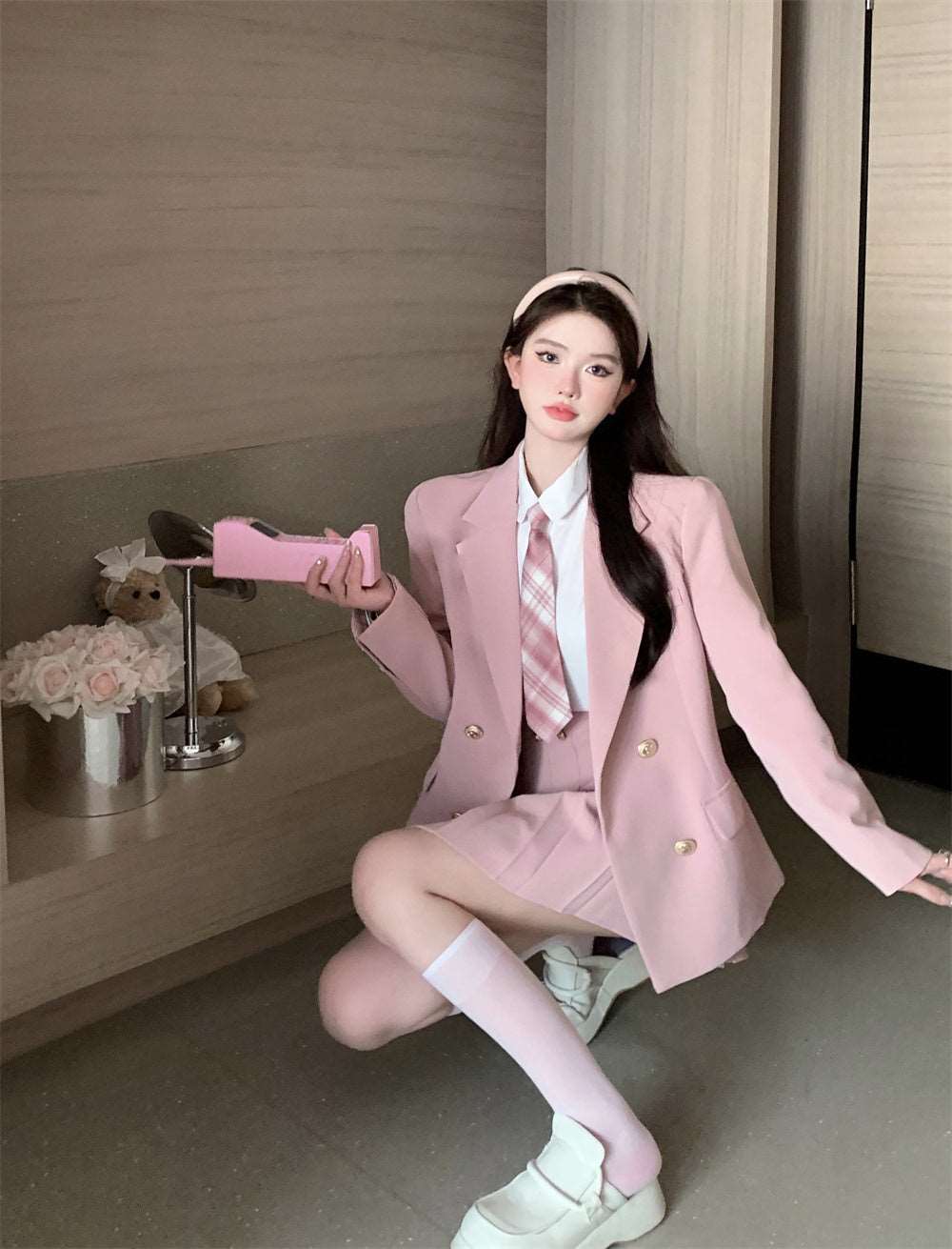 Classic Elegant Student Girl Sweet Spring Soft Black & Pink Suit Jacket Long Sleeve Shirt Skirt Three Piece Set