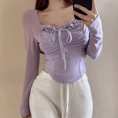 Chic White Purple Sweet Beautiful Lace Ribbon Long Sleeve Shirt