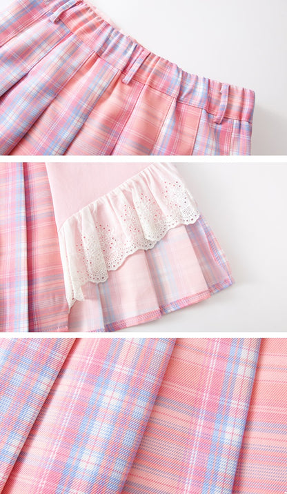 Harajuku High Waist Love Heart Chain Sweet Pink Blue Plaid Pleated Skirt