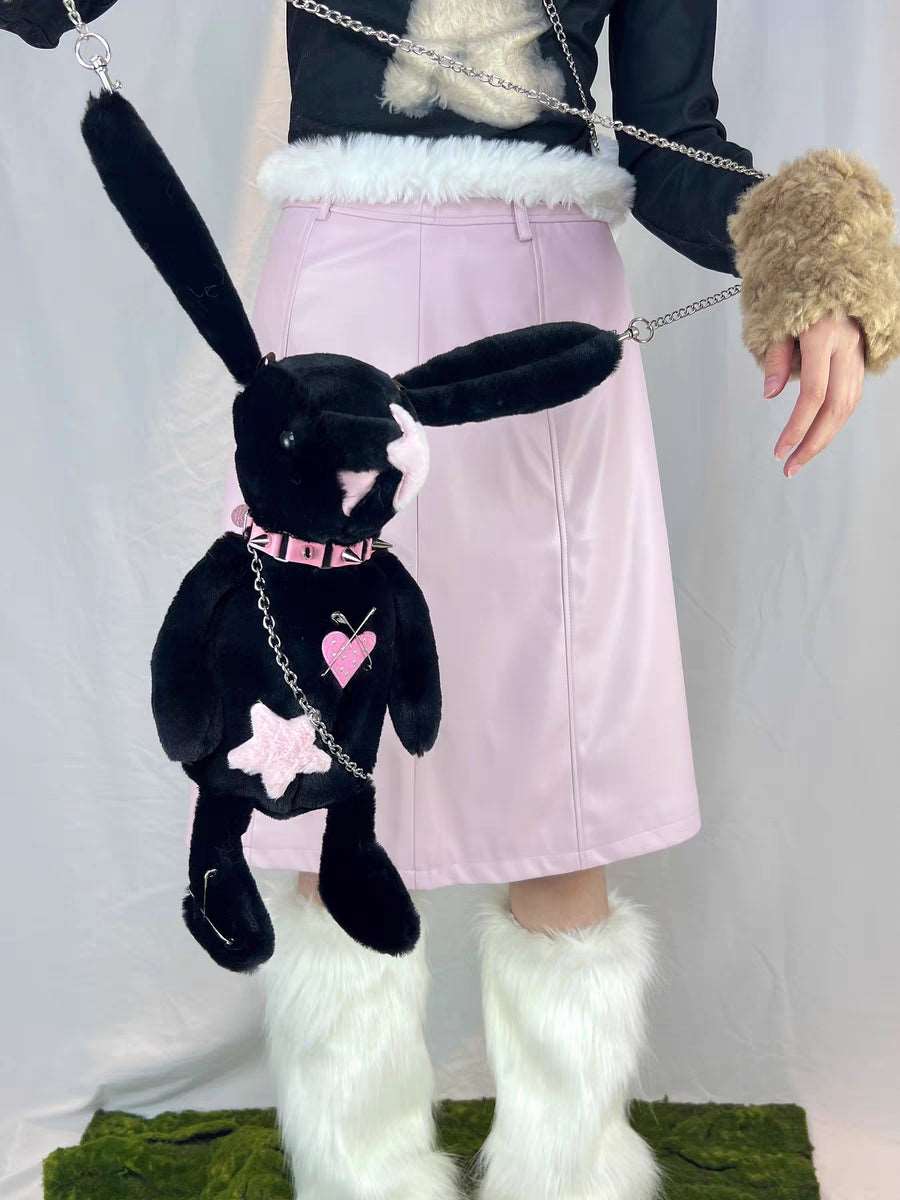 Black White Rabbit Doll Cute Plush Chain Star Love Collar Coin Purse Bag