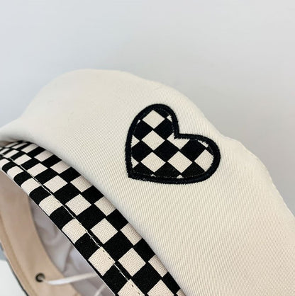 Heart Love Checker Pattern Black White Beret Hat