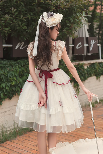 Symphonic Poem Red White Sweet Princess Lace Bow Dollcore Girl Dress