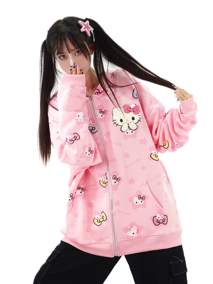 Cute Kitty Cat Print White Pink Yellow Y2K Oversize Hoodie