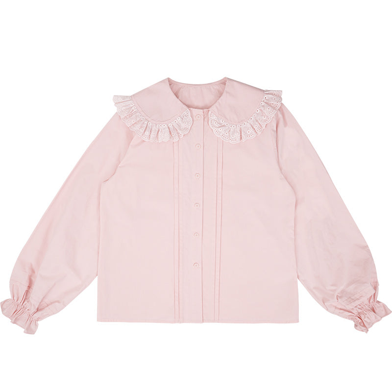 Doll Collar Three Color White Pink Cream Long Sleeve Shirt Blouse