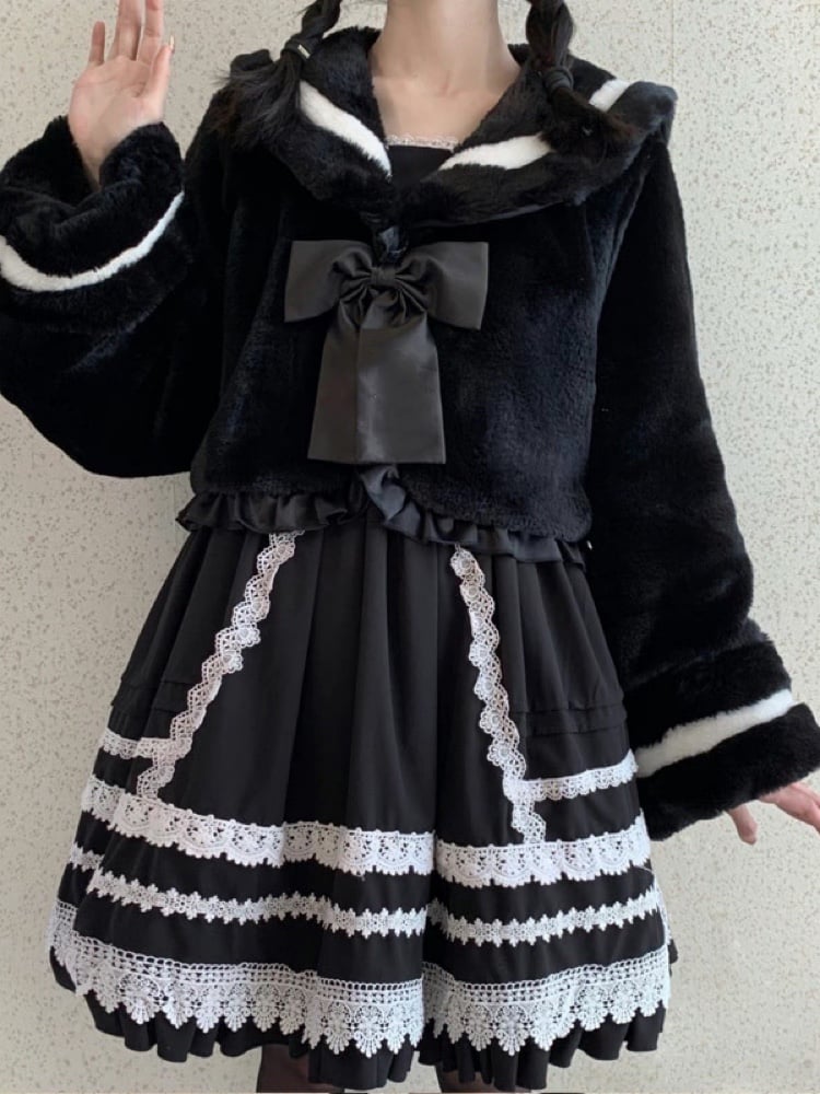 Sweet Sakura Lolita Pink & Black Navy Collar Plush Jacket Coat