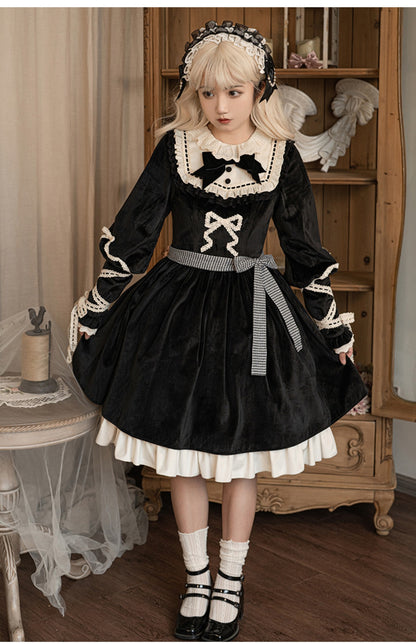 Universal Lolita Gothic Winter Ribbon Black Dress Cloak Two Piece Set