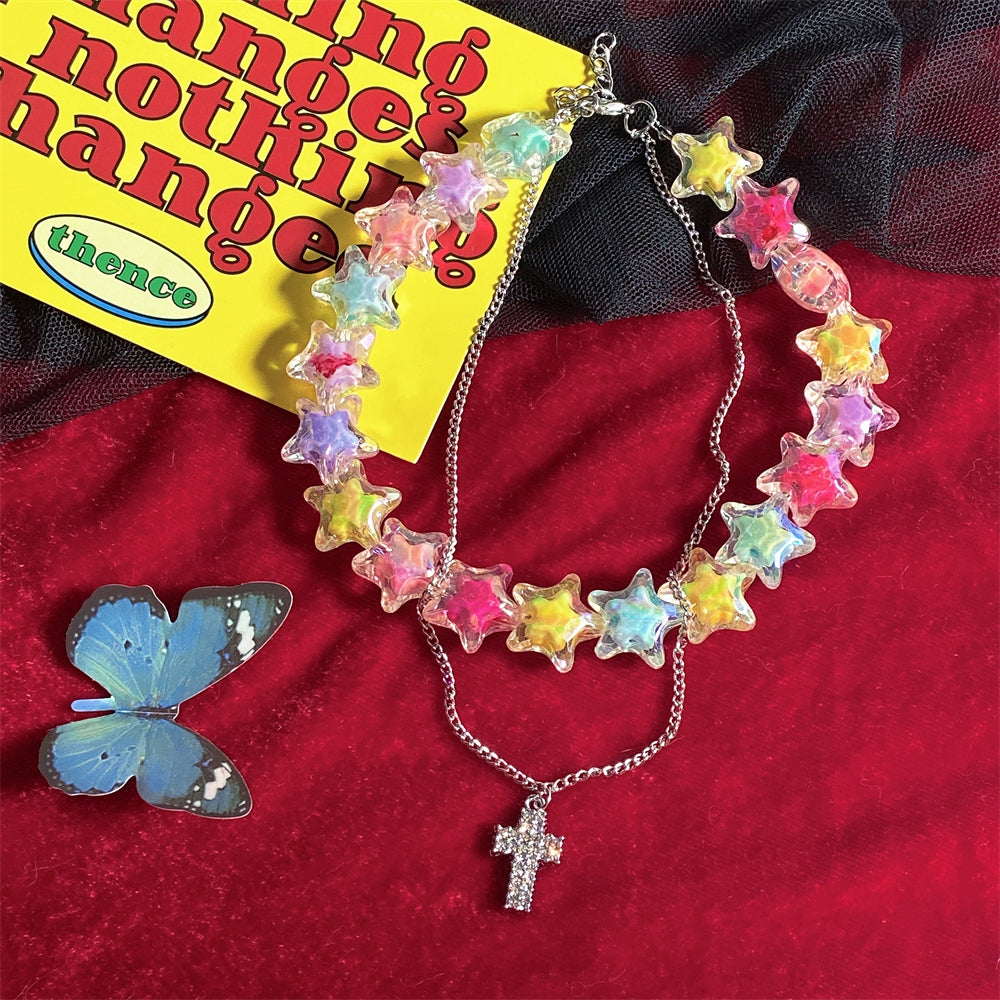 Y2K Harajuku Double Layer Cross Rainbow Colorful Stars Hearts Beads Necklace