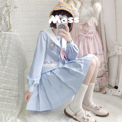 Cute Rabbit Bunny Pastel Blue Sailor Japanese Uniform Seifuku Two Piece Set