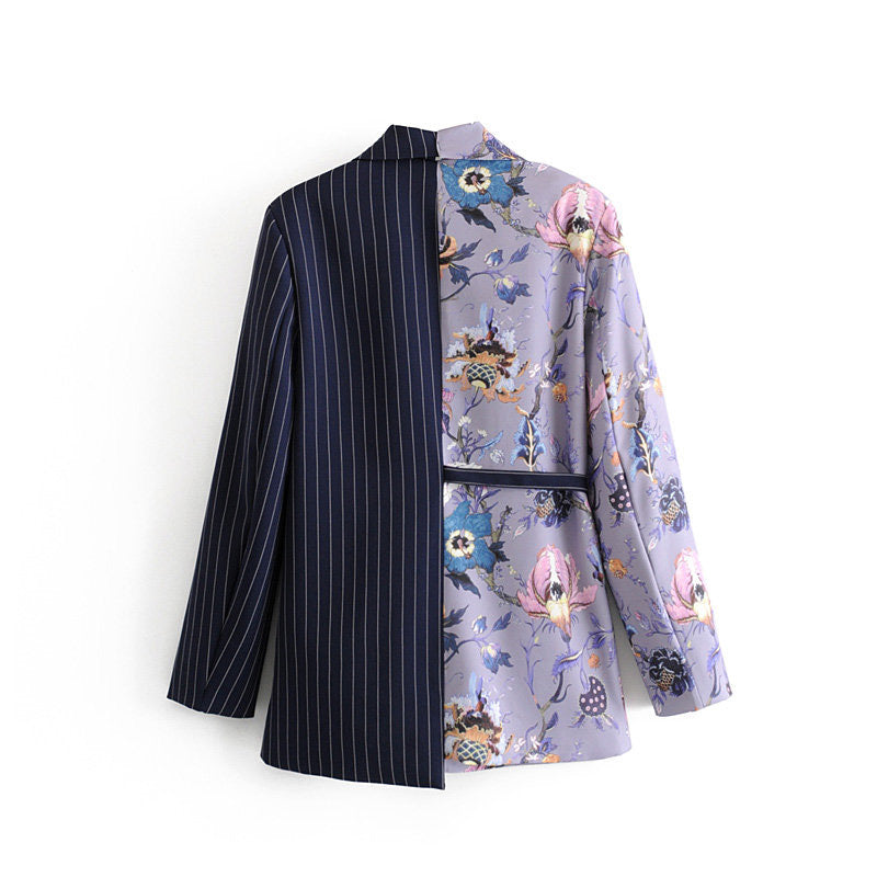 Flower Art Painting Pattern Two Tone Navy Blue Stripe Purple Blazer