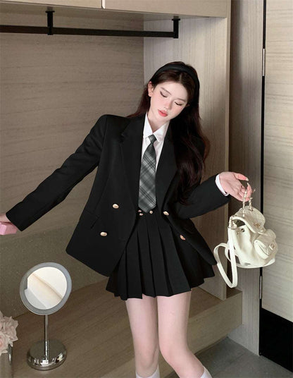 Black & Pink Blazer Jacket Long Sleeve Shirt Skirt Three Piece Set