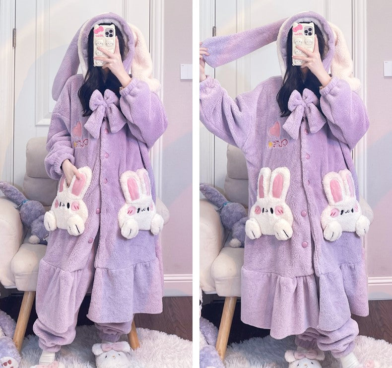 Pink Purple Rabbit Thick Plush Fleece Winter Pajamas Bathrobe & Pants Set