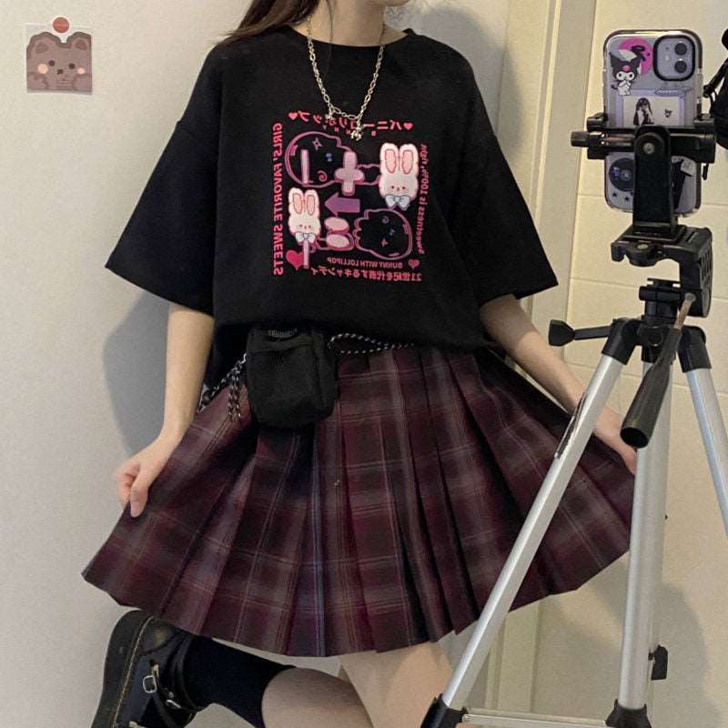 Bunny Lolipop E-girl Grunge Japanese Y2K Print Cotton Short Sleeved Oversize T-shirt Tees Top