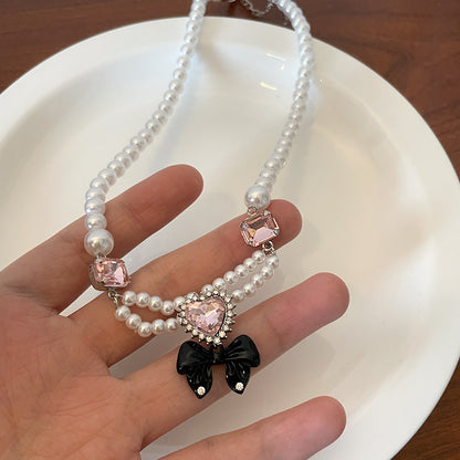 Pink Heart Black Bow Pearl Necklace Pendant