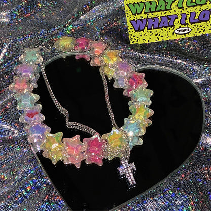 Y2K Harajuku Double Layer Cross Rainbow Colorful Stars Hearts Beads Necklace