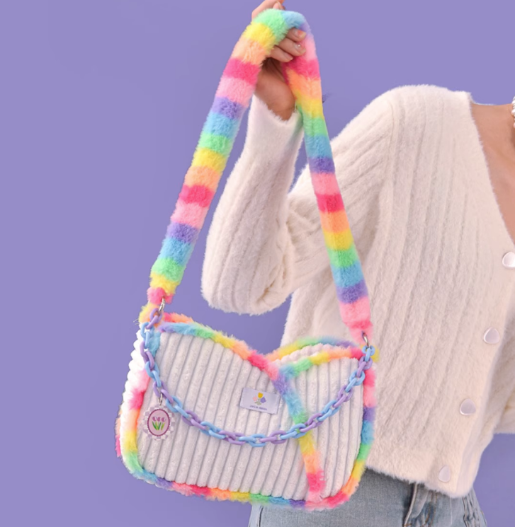 Tulip Plush Fluff Rainbow Pearl Silver Chain Cute Messenger Bag