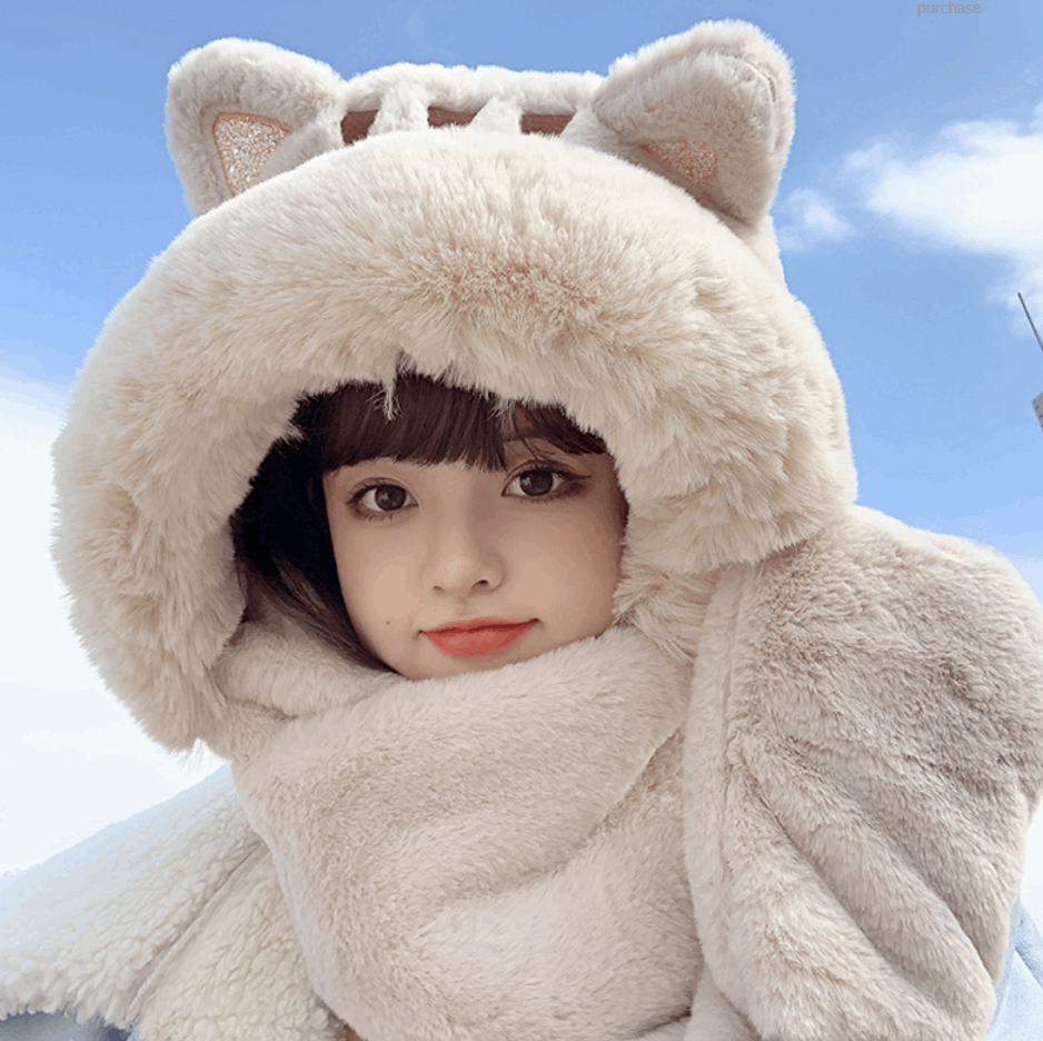 Cute Scarf Bear Cat Kitty Neko Ears Three Piece Sweet Hood Plush Thick Warm Winter Gloves Hat