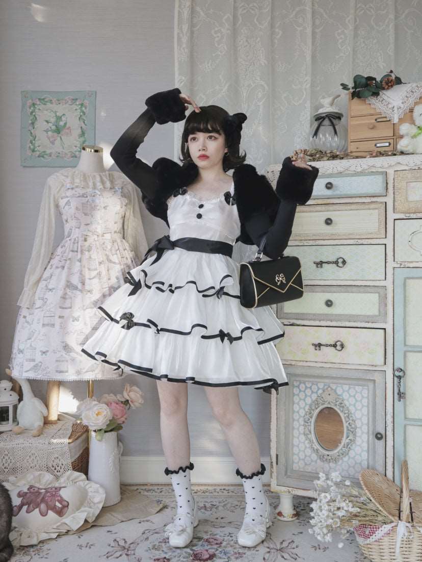 Black Pink White Sweet Lace Layered Cake Strap Dress