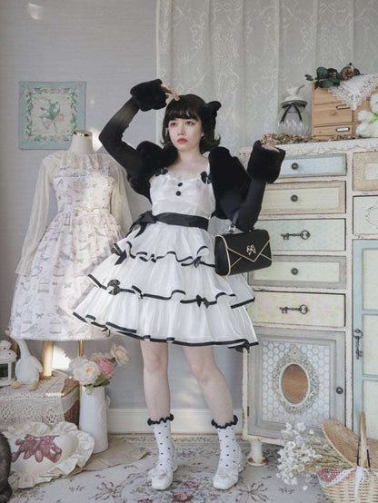 Black Pink White Sweet Lace Layered Cake Strap Dress