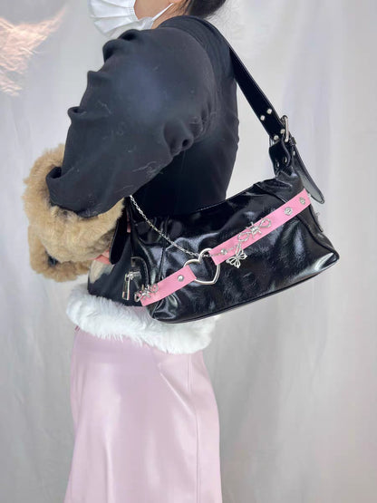 Hot Girl Silver Chain Butterfly Strap Pink Black Leather Messenger Bag