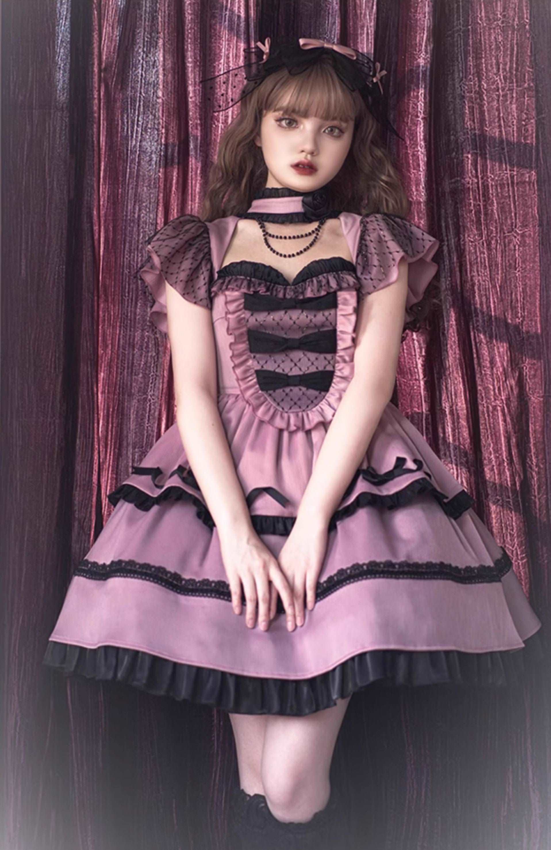 Coral Sea Purple Black Rose Regal Elegant Princess Lace Bow Dollcore Girl Dress