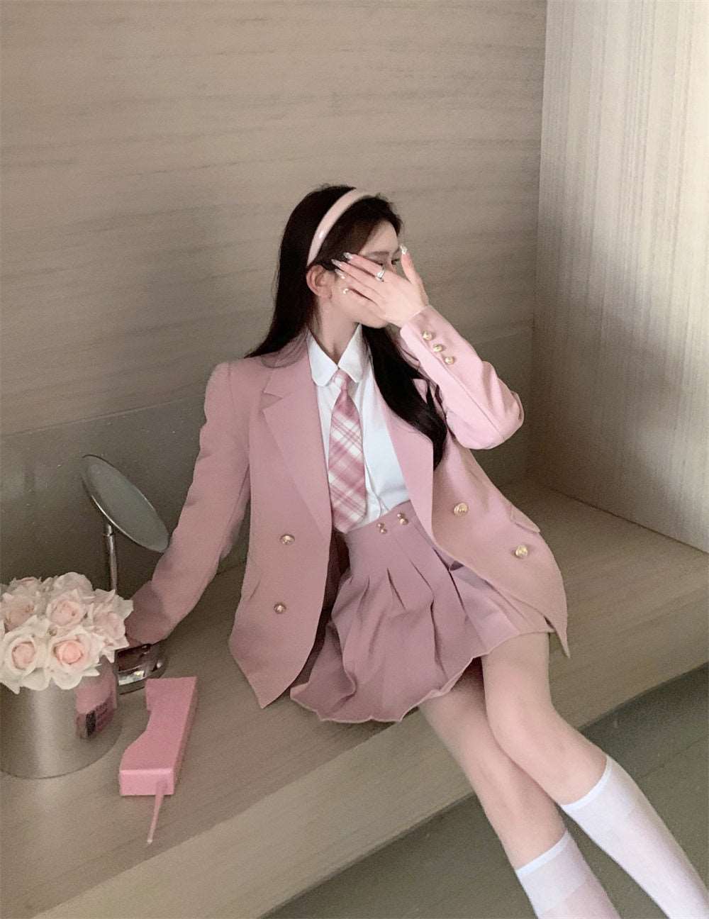 Classic Elegant Student Girl Sweet Spring Soft Black & Pink Suit Jacket Long Sleeve Shirt Skirt Three Piece Set