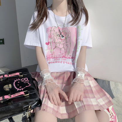 When I Miss You Anime Girl Y2K Print White Oversize T-shirt Tees Top