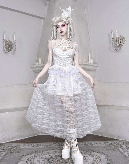 The White Doll Jacquard Lace Bow Pentagram Strap Dress