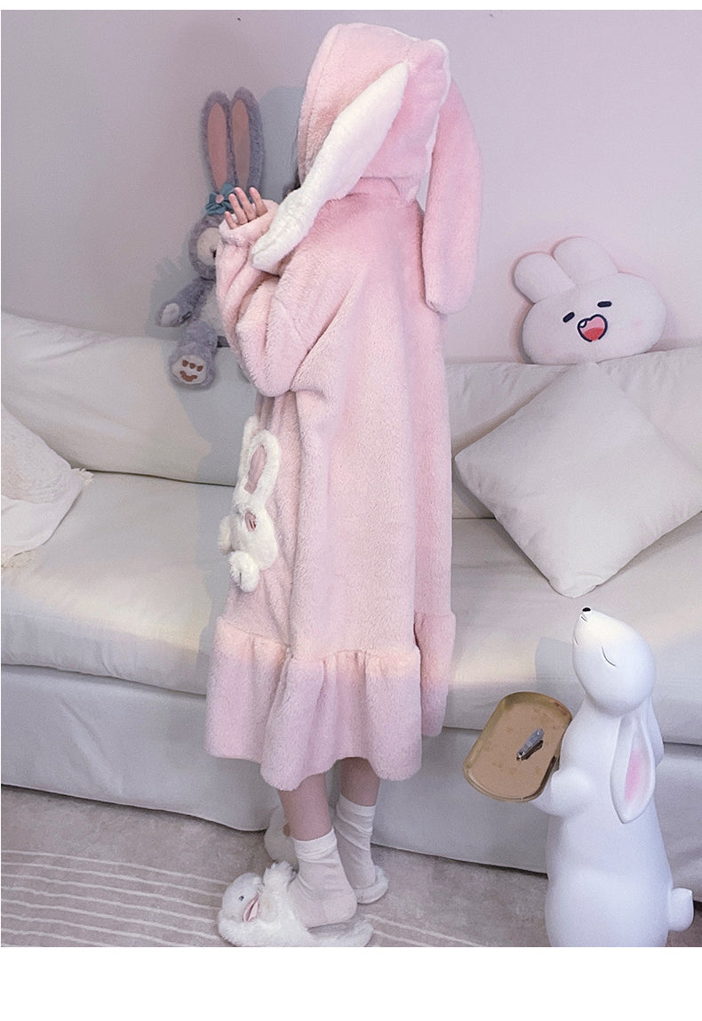 Pink Purple Rabbit Thick Plush Fleece Winter Pajamas Bathrobe & Pants Set